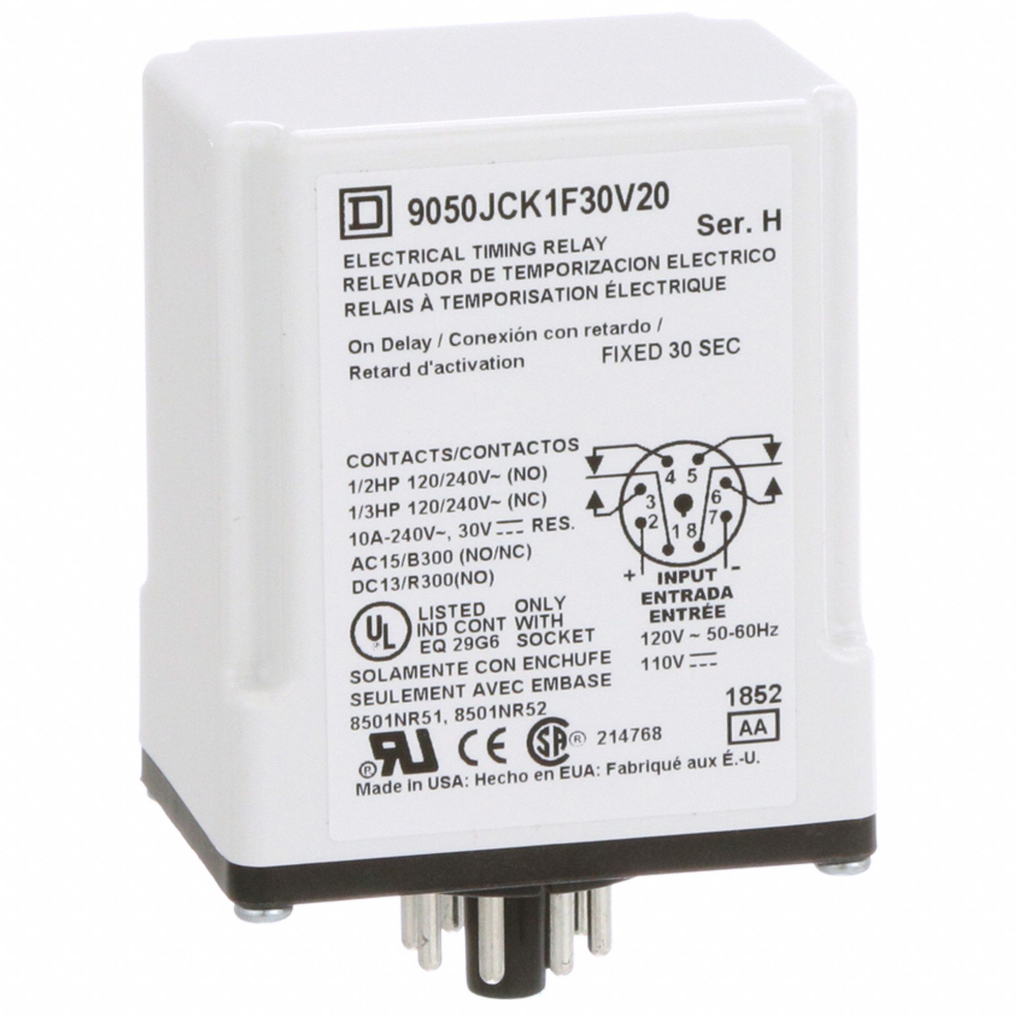 Time Delay Relay: Socket Mounted, 120V DC, 10 A, 8 Pins/Terminals, 0.1 sec – 30 sec