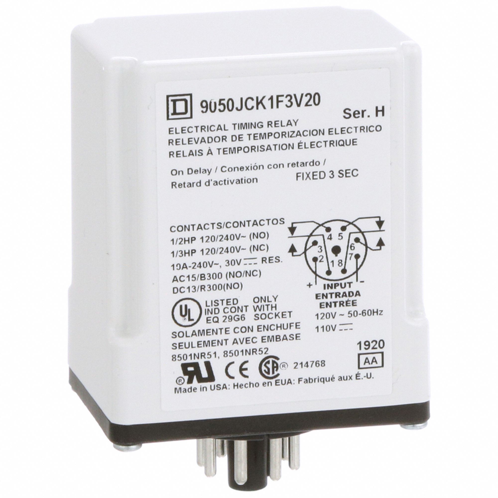 Time Delay Relay: Socket Mounted, 120V DC, 10 A, 8 Pins/Terminals, 0.1 sec – 3 sec