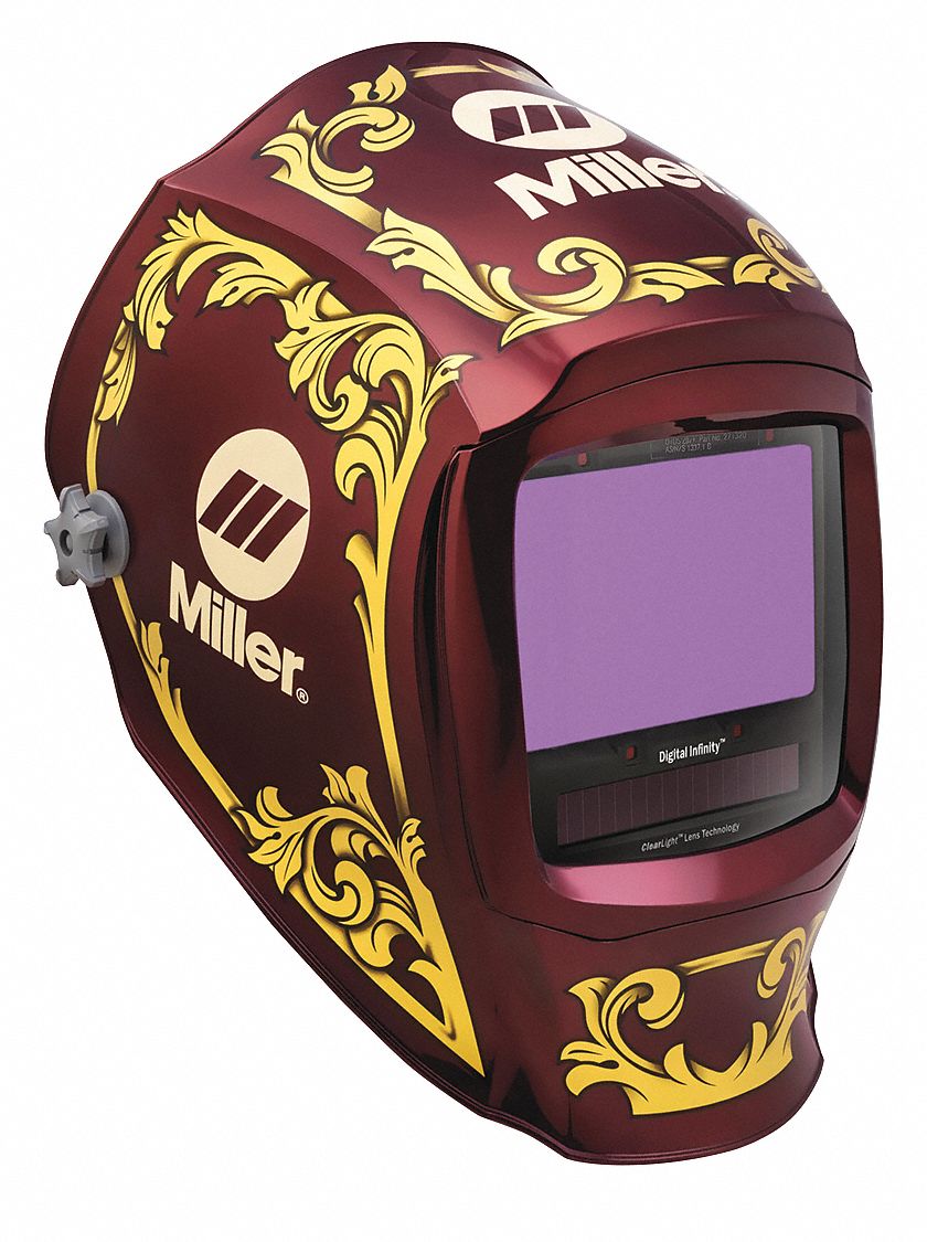 Welding Helmet: Auto-Darkening, 4 Arc Sensors, Gold/Red, Imperial, W8 to W13, Digital, Nylon