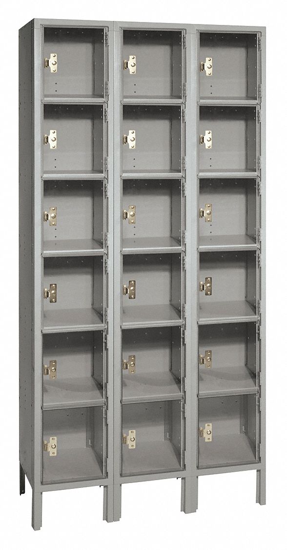 Box Locker: 36 in x 12 in x 78 in, 6 Tiers, 3 Units Wide, Clearview, Padlock Hasp, Gray, Gray
