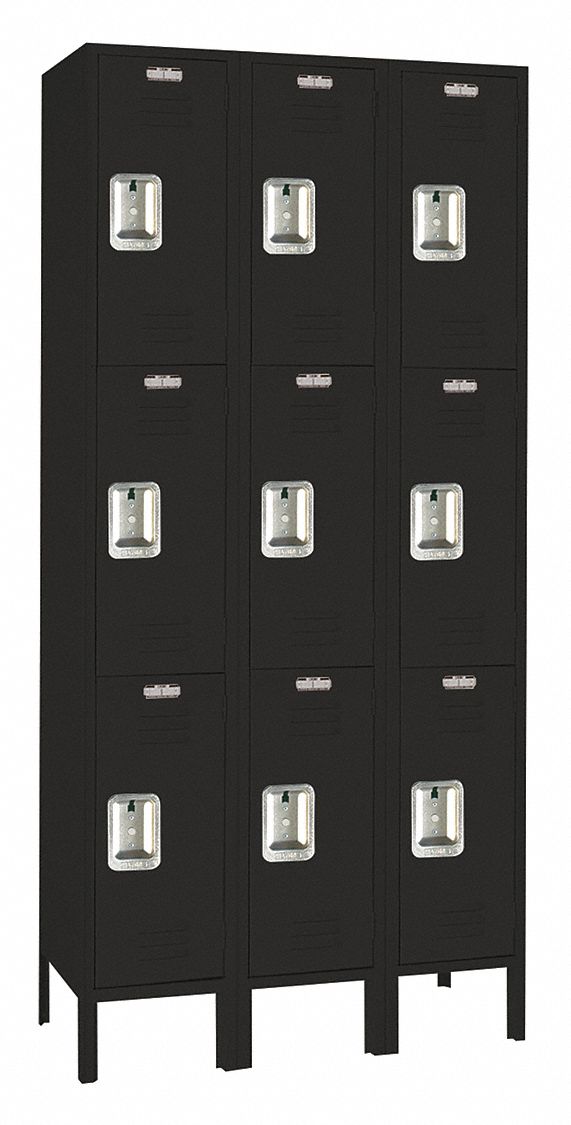Wardrobe Locker: 45 in x 15 in x 78 in, Louvered, 2 Tiers, 3 Units Wide, Padlock Hasp, Black