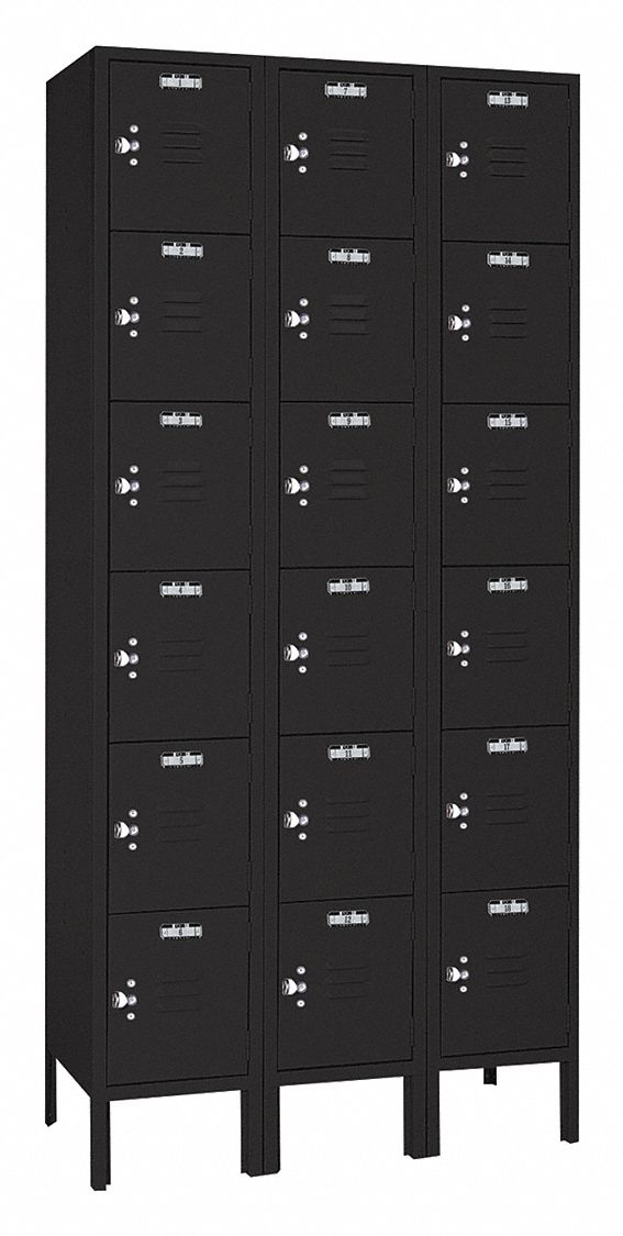 Wardrobe Locker: 36 in x 12 in x 78 in, 6 Tiers, 3 Units Wide, Louvered, Padlock Hasp, Black