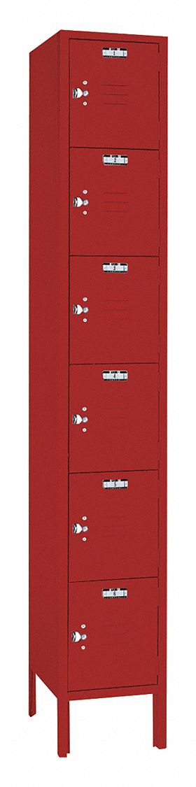Wardrobe Locker: 12 in x 12 in x 78 in, 6 Tiers, 1 Units Wide, Louvered, Padlock Hasp, Red, Red
