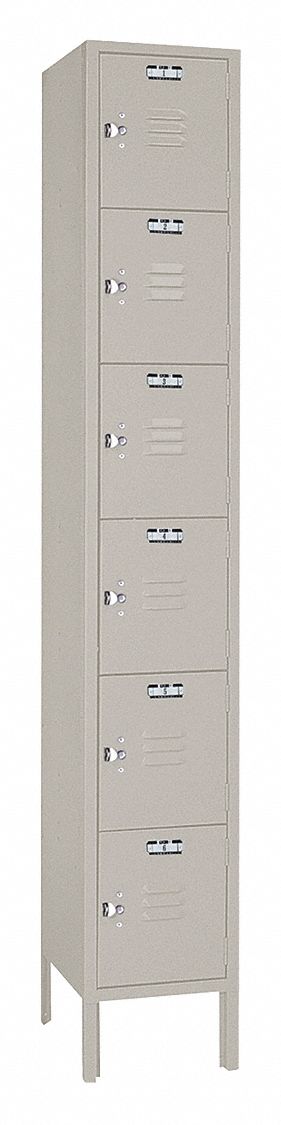 Wardrobe Locker: 12 in x 12 in x 78 in, 6 Tiers, 1 Units Wide, Louvered, Padlock Hasp, Gray