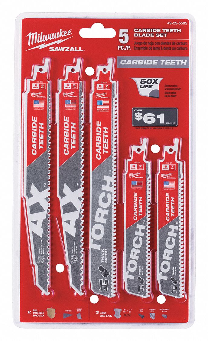 MILWAUKEE (2) 6 in, (3) 9 in, Reciprocating Saw Blade Set 55ZK4849