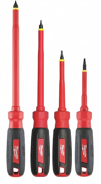 Tether Ready Insulated Screwdriver Set: 1-10 Pieces, 4 Pieces, Slotted/Square Tip