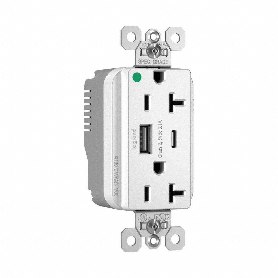 USB Receptacle: 5-20R, 20 A, 125V AC, White, C USB Connection Type