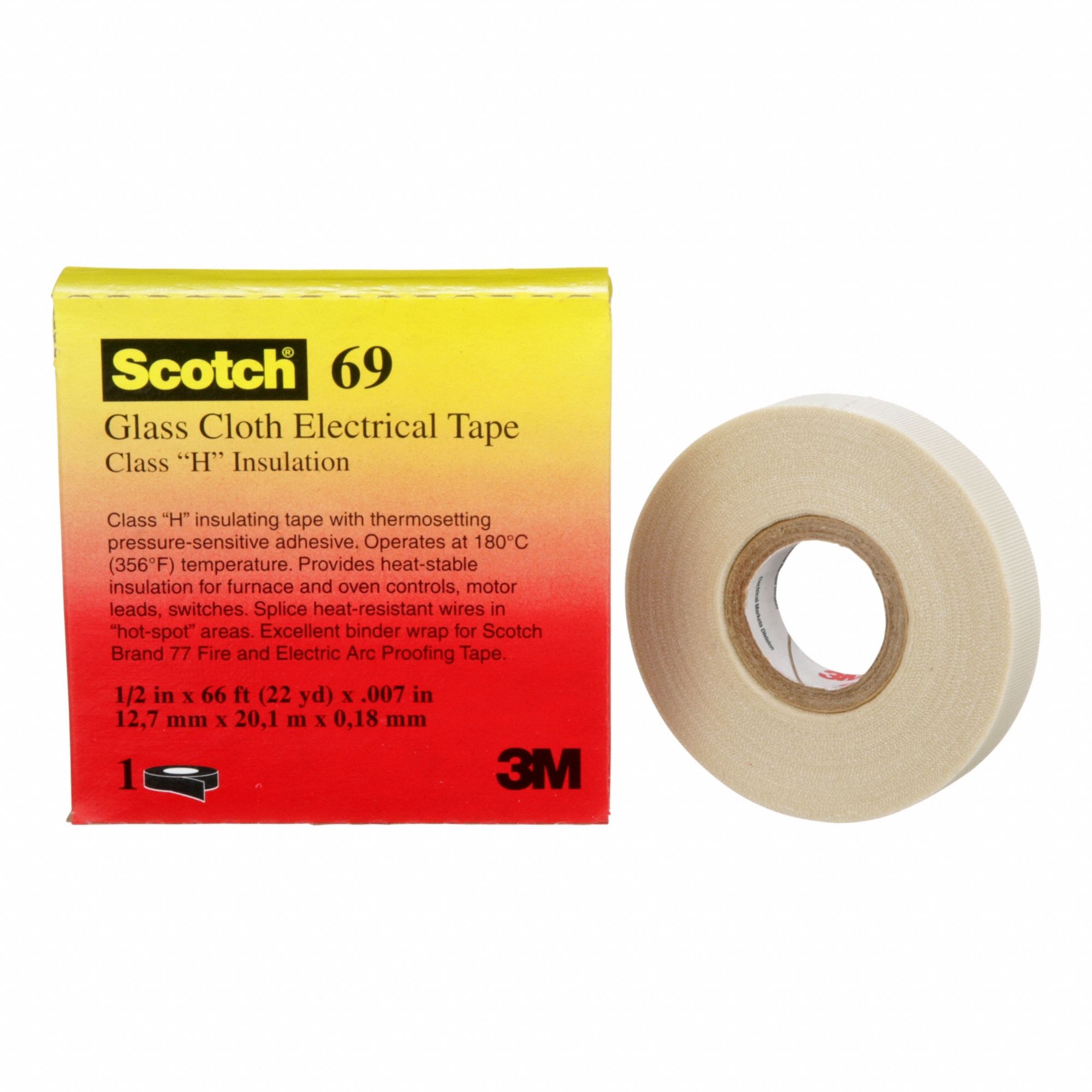 Electrical Tape: 1/2 in Wd, 22 yd Lg, 7 mil Thick, Fiberglass Cloth, Silicone, 600 V Volt Rating
