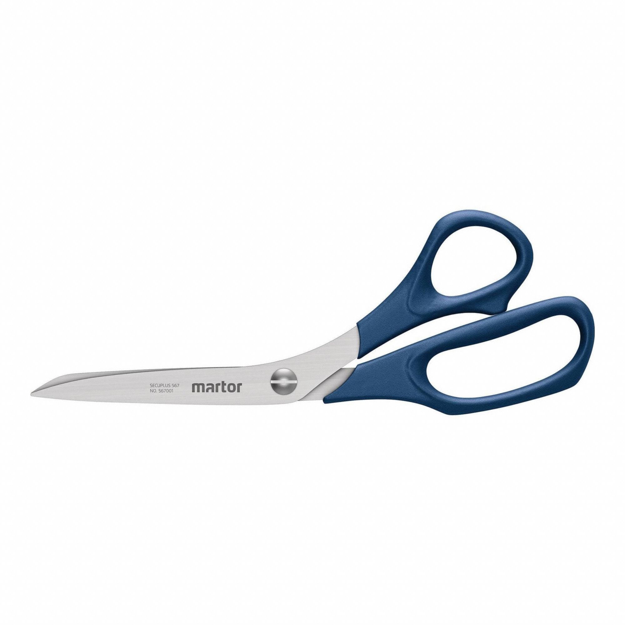 MARTOR Safety Scissors: Ambidextrous, 8 1/4 in Overall Lg, Straight, Stainless Steel, Rounded, Blue (MPN 567001). Key specifications — attr308500: Stainless Steel; attr308502: Blue; attr308505: Ambidextrous; attr308522: Cardboard; attr324896: MARTOR.