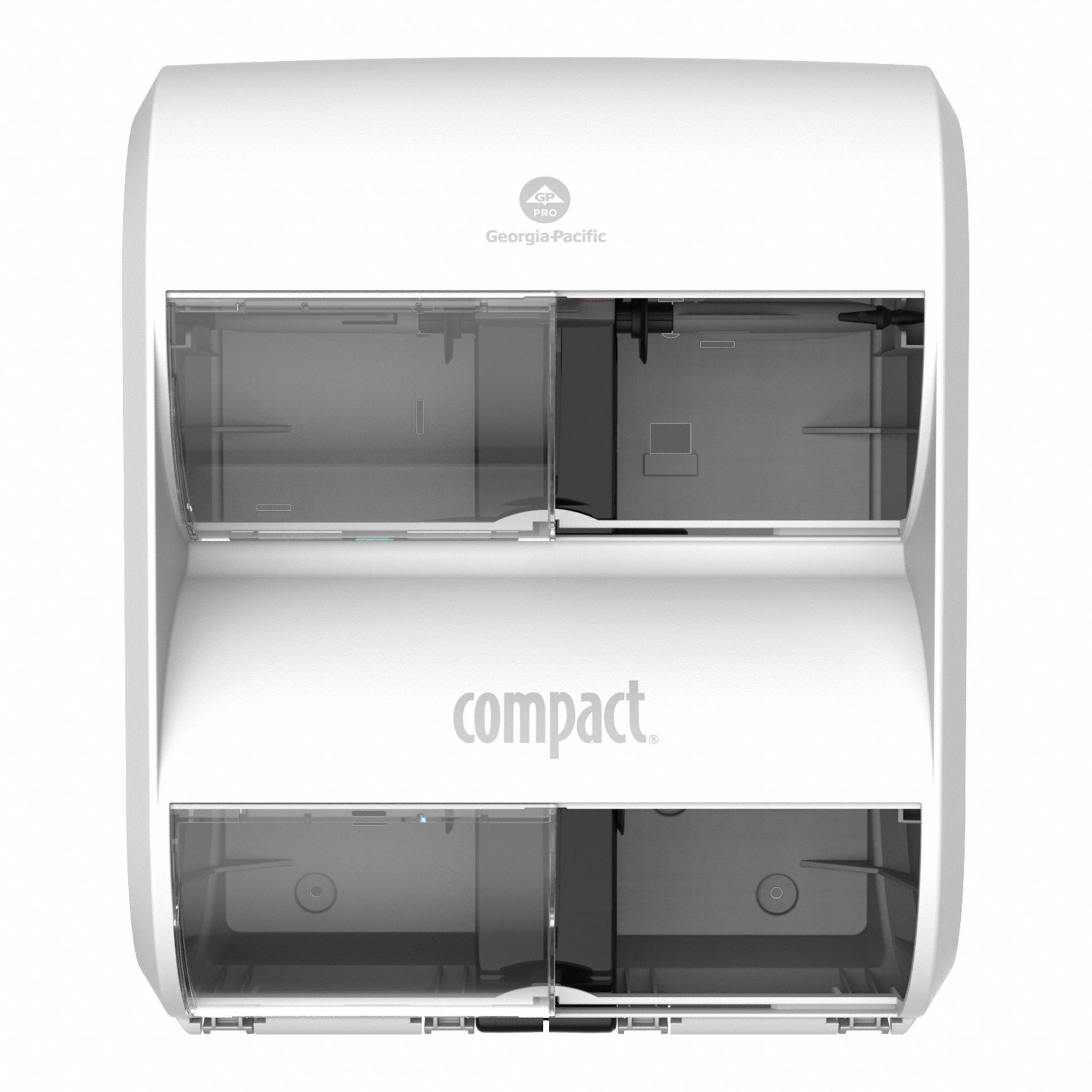 Toilet Paper Dispenser: Coreless, Vertical Quad Roll, Plastic, White, Compact®