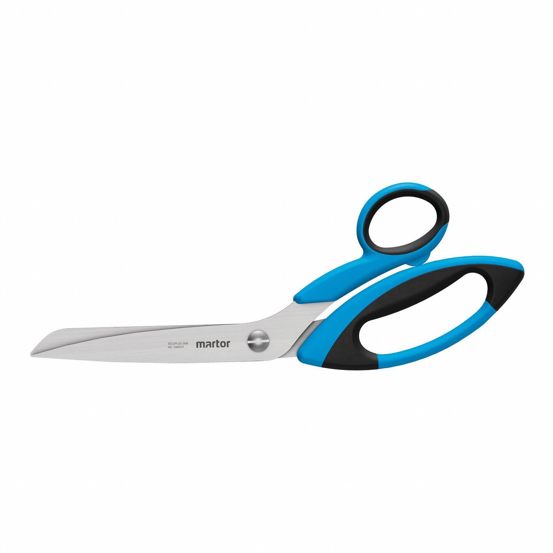 MARTOR Safety Scissors: Ambidextrous, 11 1/4 in Overall Lg, Straight, Stainless Steel, Rounded, Blue (MPN 568001). Key specifications — attr308500: Stainless Steel; attr308502: Blue; attr308505: Ambidextrous; attr308522: Plastic; attr324896: MARTOR.