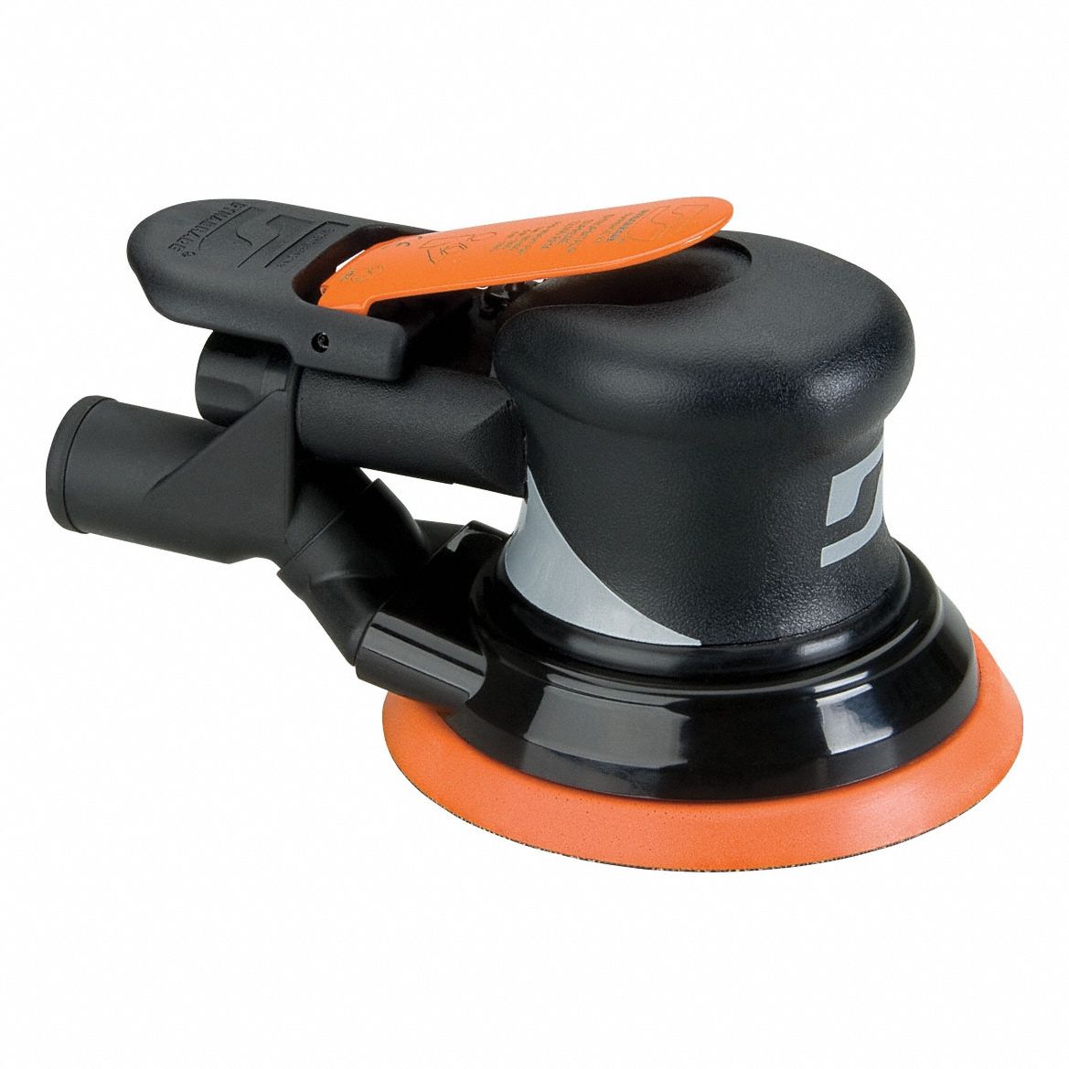 Air Orbital Sander: 5 in, Pressure Sensitive Adhesive, 3/8 in Orbit, Central Vacuum, Lever