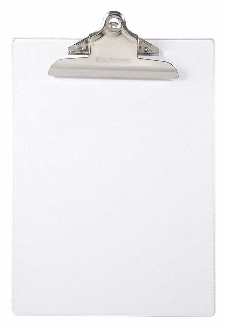 Clipboard: Letter Paper Size Name, Plastic, 1 in Clip Capacity, 9 in Overall Wd, Clear, Plastic