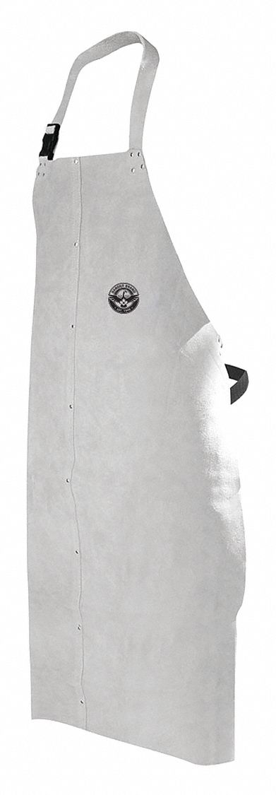 WELDING BIB APRON, 42 IN L, GREY, COWHIDE, ADJ STRAP, 24 IN W