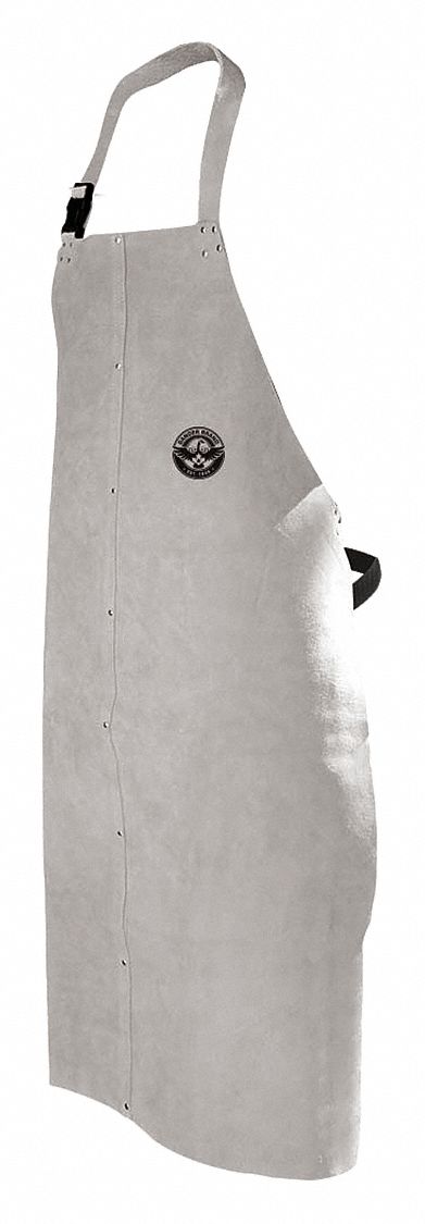 WELDING BIB APRON, 48 IN L, GREY, COWHIDE, ADJ STRAP, 24 IN W