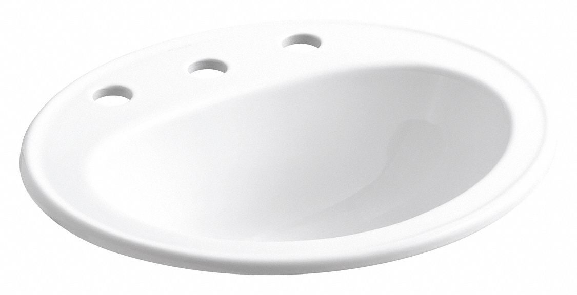 Bathroom Sink: White, Vitreous China, 20 1/4 in Overall Lg, 17 1/2 in Overall Wd, Widespread