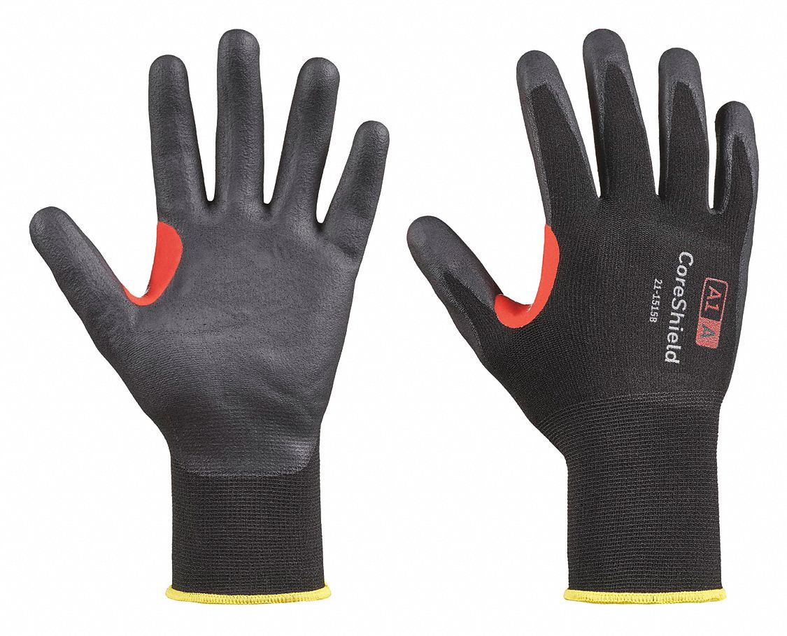 CUT-RESISTANT GLOVES, CORESHIELD, 15-GAUGE, S/7, BLACK/ORANGE, 10 1/2 IN L, NITRILE/NYLON/HPPE