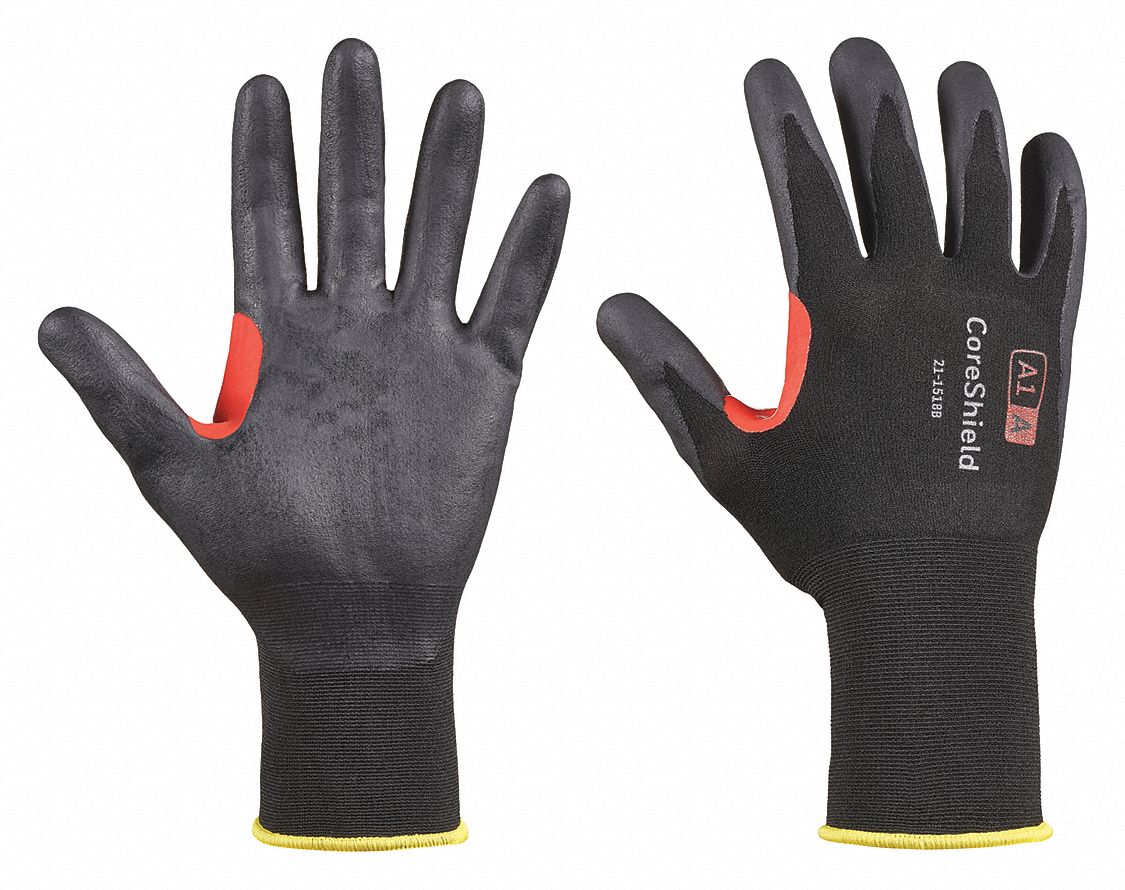 CUT-RESISTANT GLOVES, CORESHIELD, 18-GAUGE, S/7, BLACK/ORANGE, 10 1/2 IN L, NITRILE/NYLON/HPPE
