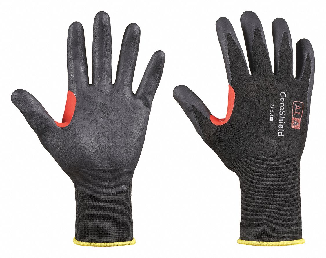 CUT-RESISTANT GLOVES, CORESHIELD, 18-GAUGE, XL/10, BLACK/ORANGE, 10 1/2 IN L, NITRILE/NYLON/HPPE