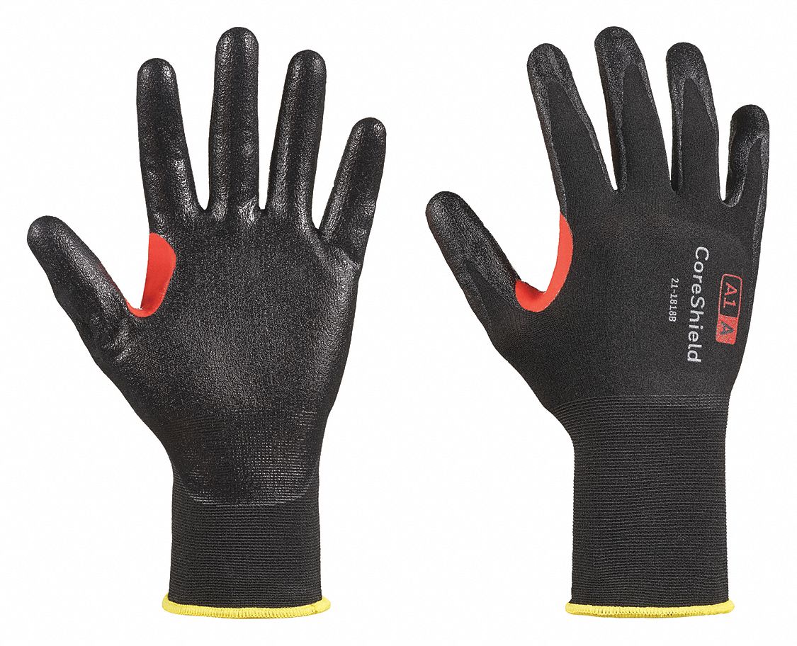 CUT-RESISTANT GLOVES, CORESHIELD, 18-GAUGE, S/7, BLACK/ORANGE, 10 1/2 IN L, NITRILE/NYLON/HPPE