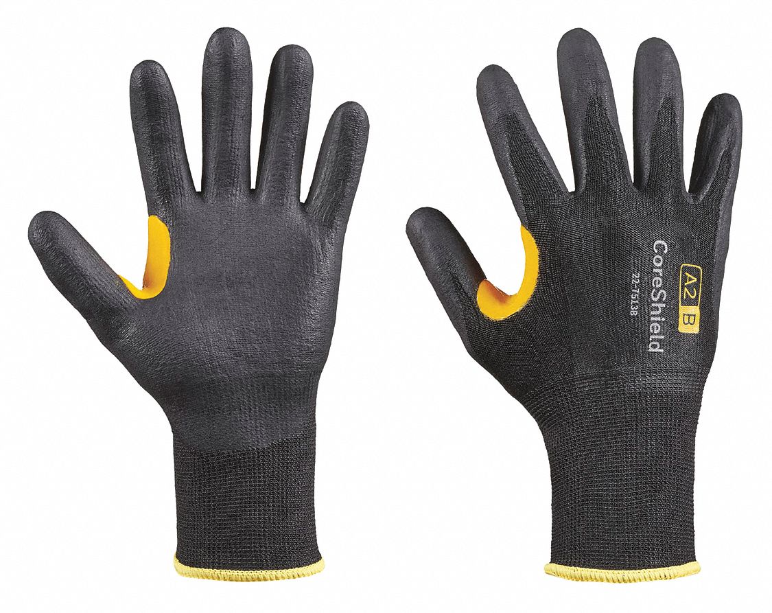 CUT-RESISTANT GLOVES, CORESHIELD, 13-GAUGE, XS/6, BLACK/YELLOW, 10 1/2 IN L, NITRILE/NYLON/HPPE