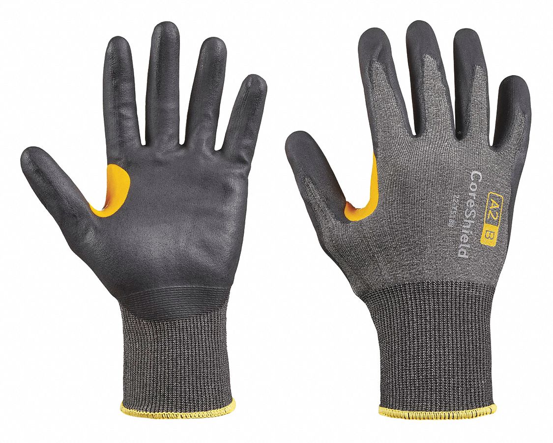 CUT-RESISTANT GLOVES, CORESHIELD, 18-GAUGE, L/9, BLACK/YELLOW, 10 1/2 IN L, NITRILE/NYLON/HPPE