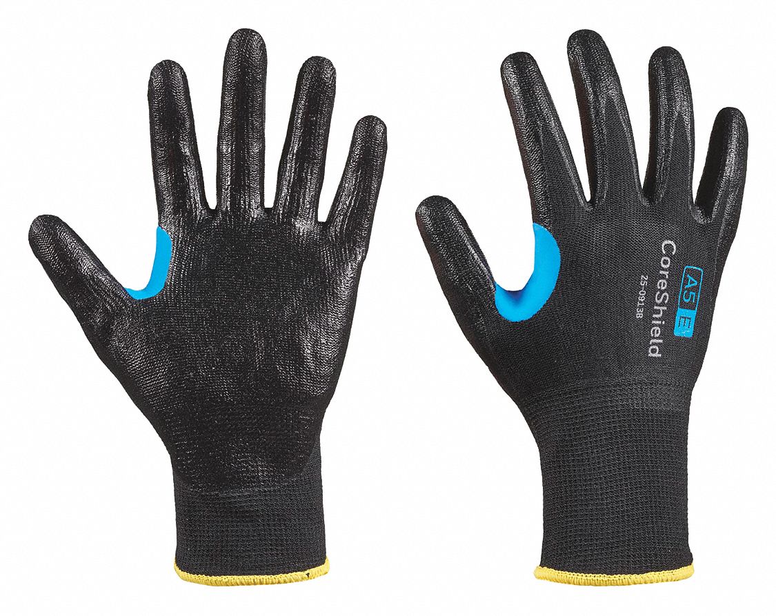 GANTS RÉSIST COUPURES,TAILLE G/9,CAL 13,NIV COUPE A5,BLEU/NR,MOUSSE NITRILE/NYLON/HPPE