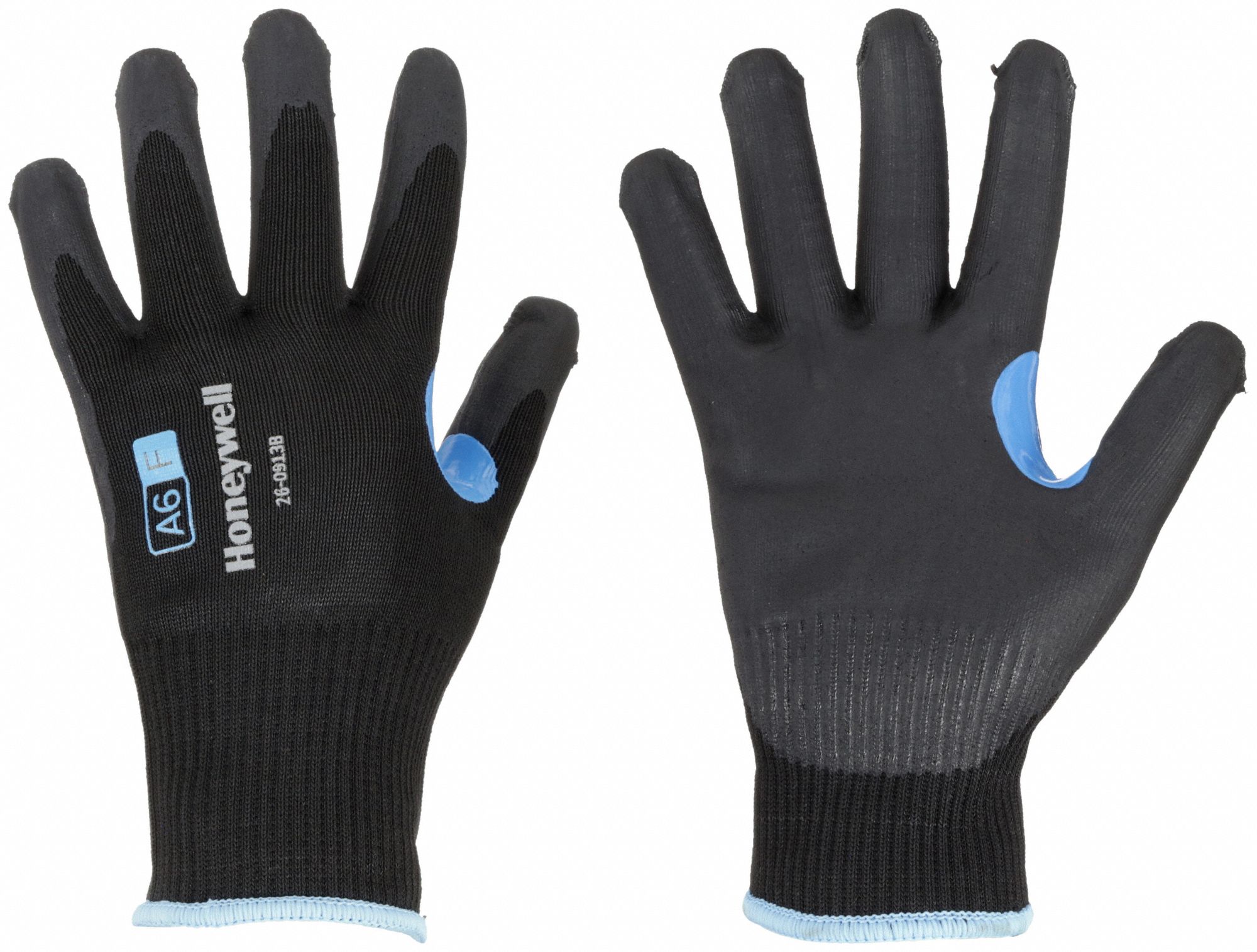 GANTS RÉSIST COUPURES,TAILLE M/8,CAL 13,NIV COUPE A6,NR/BLEU,MOUSSE NITRILE/NYLON/HPPE