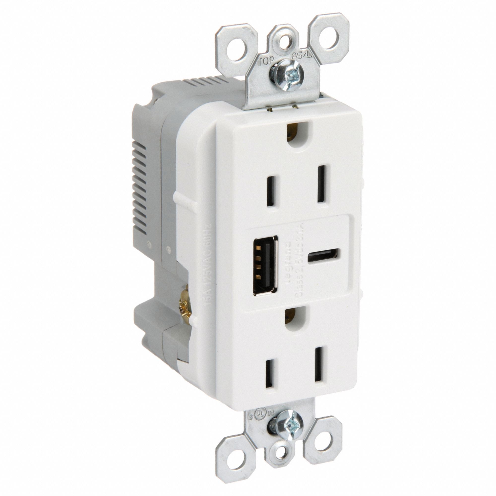 USB Charger Receptacle: Duplex, 5-15R, 15 A, 125V AC, White, 2 USB Ports, A/C USB Connection Type