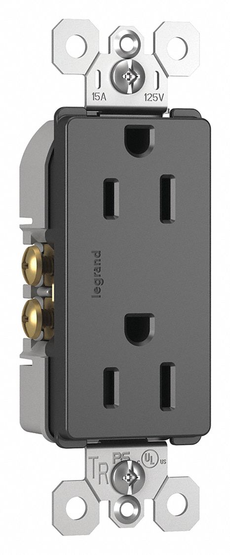Receptacle: Duplex, Black, 5-15R, 15 A, 125V AC, 2 Pole / 3 Wire, Push In, Gen Use