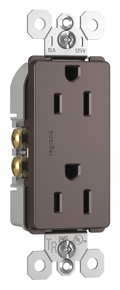 Receptacle: Duplex, Brown, 5-15R, 15 A, 125V AC, 2 Pole / 3 Wire, Push In, Gen Use