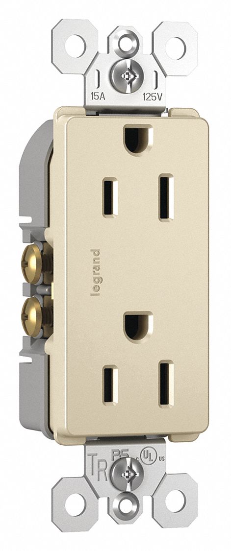 Receptacle: Duplex, Light Almond, 5-15R, 15 A, 125V AC, 2 Pole / 3 Wire, Push In, Gen Use