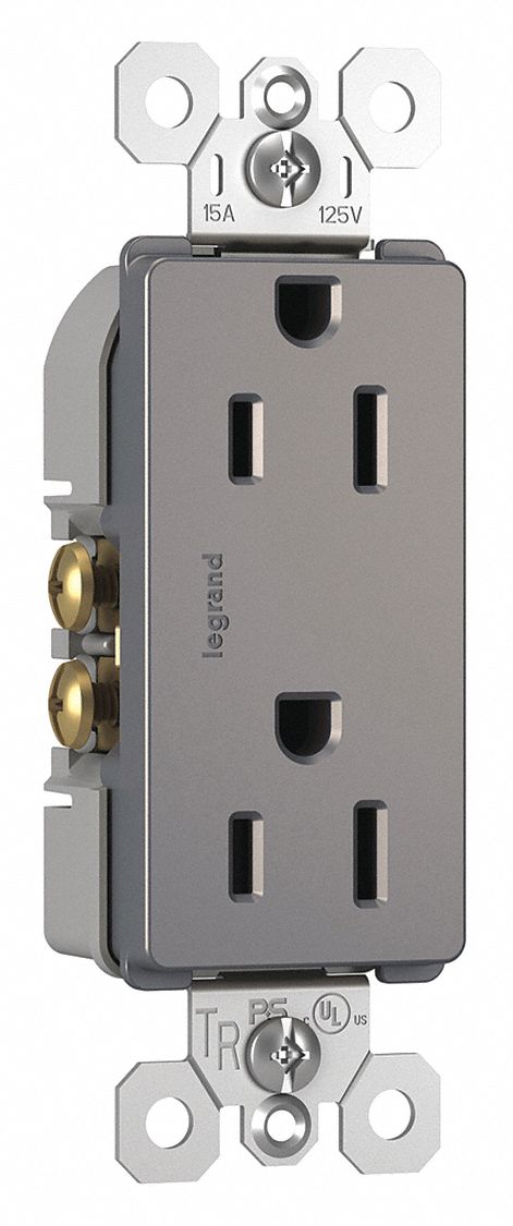 Receptacle: Duplex, Nickel, 5-15R, 15 A, 125V AC, 2 Pole / 3 Wire, Push In, Gen Use
