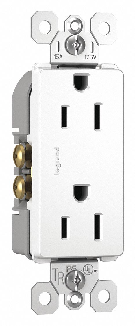 Receptacle: Duplex, White, 5-15R, 15 A, 125V AC, 2 Pole / 3 Wire, Push In, Gen Use