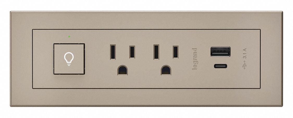 Furniture Power Outlet: 2 Outlets, Type A/Type C, Nickel, 10 ft Power Cord Lg, Rectangular
