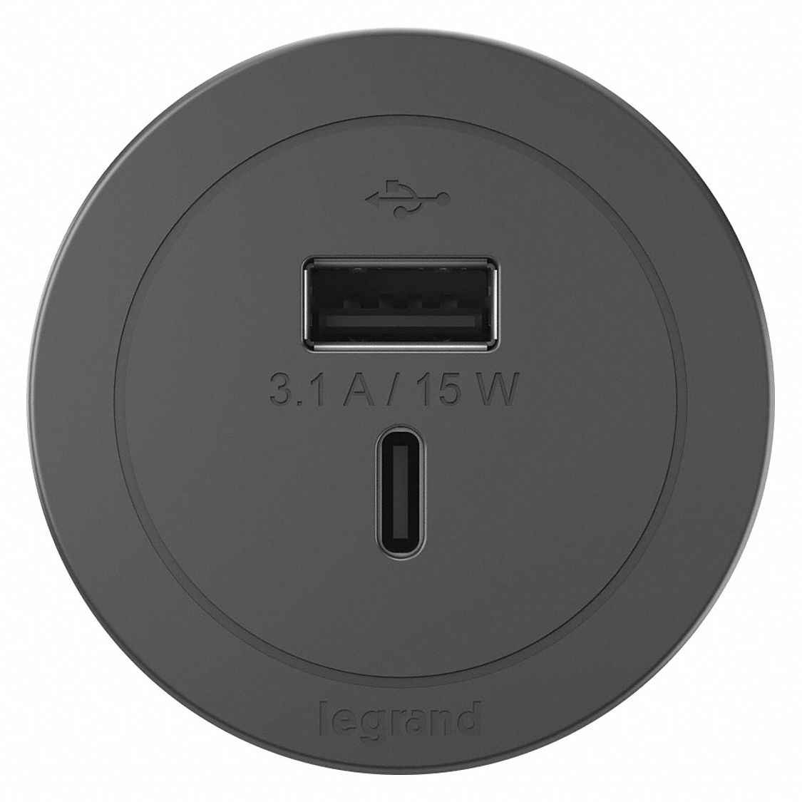 Furniture Power Outlet: 0 Outlets, Type A/Type C, Black, 10 ft Power Cord Lg, Round, 125V AC