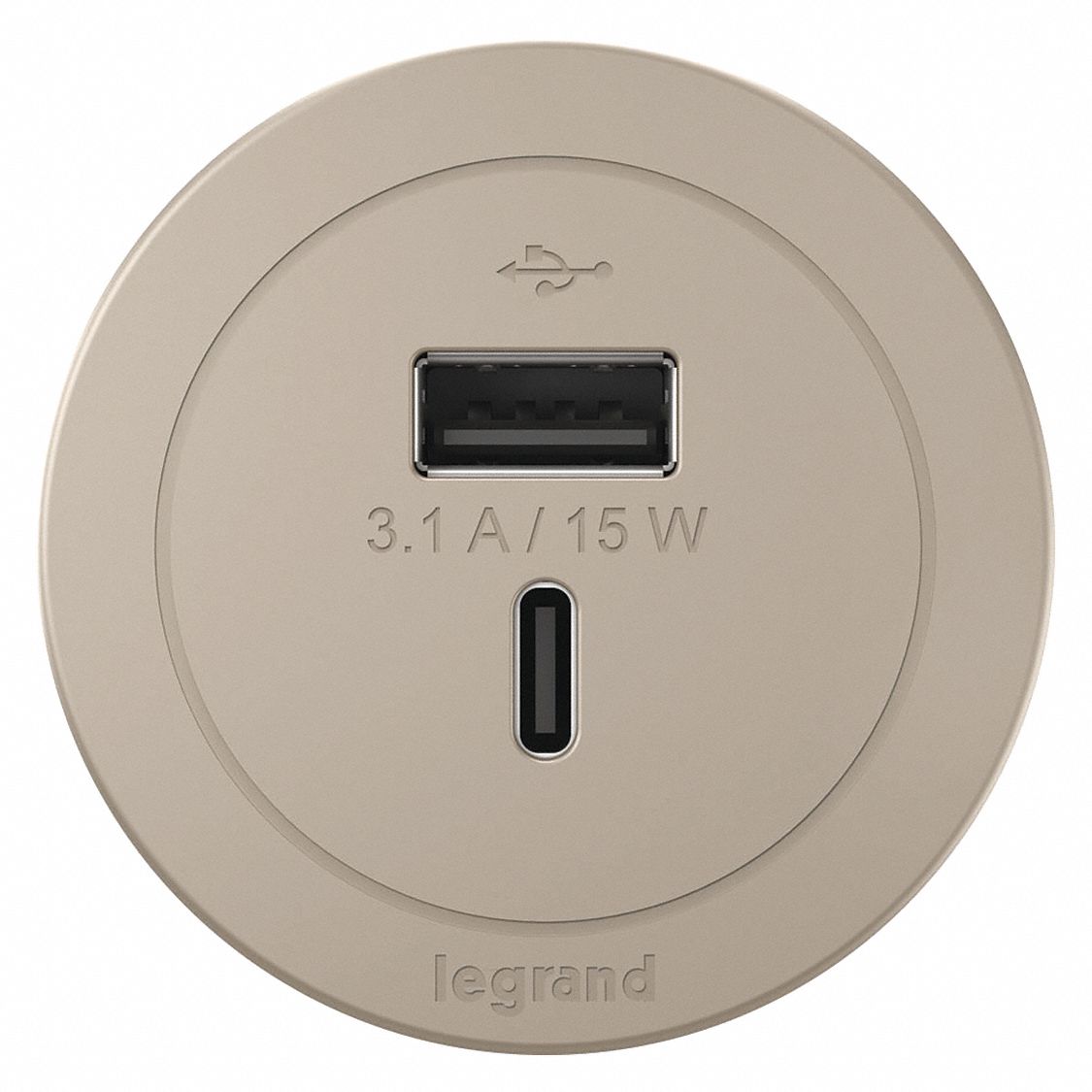 Furniture Power Outlet: 0 Outlets, Type A/Type C, Nickel, 10 ft Power Cord Lg, Round