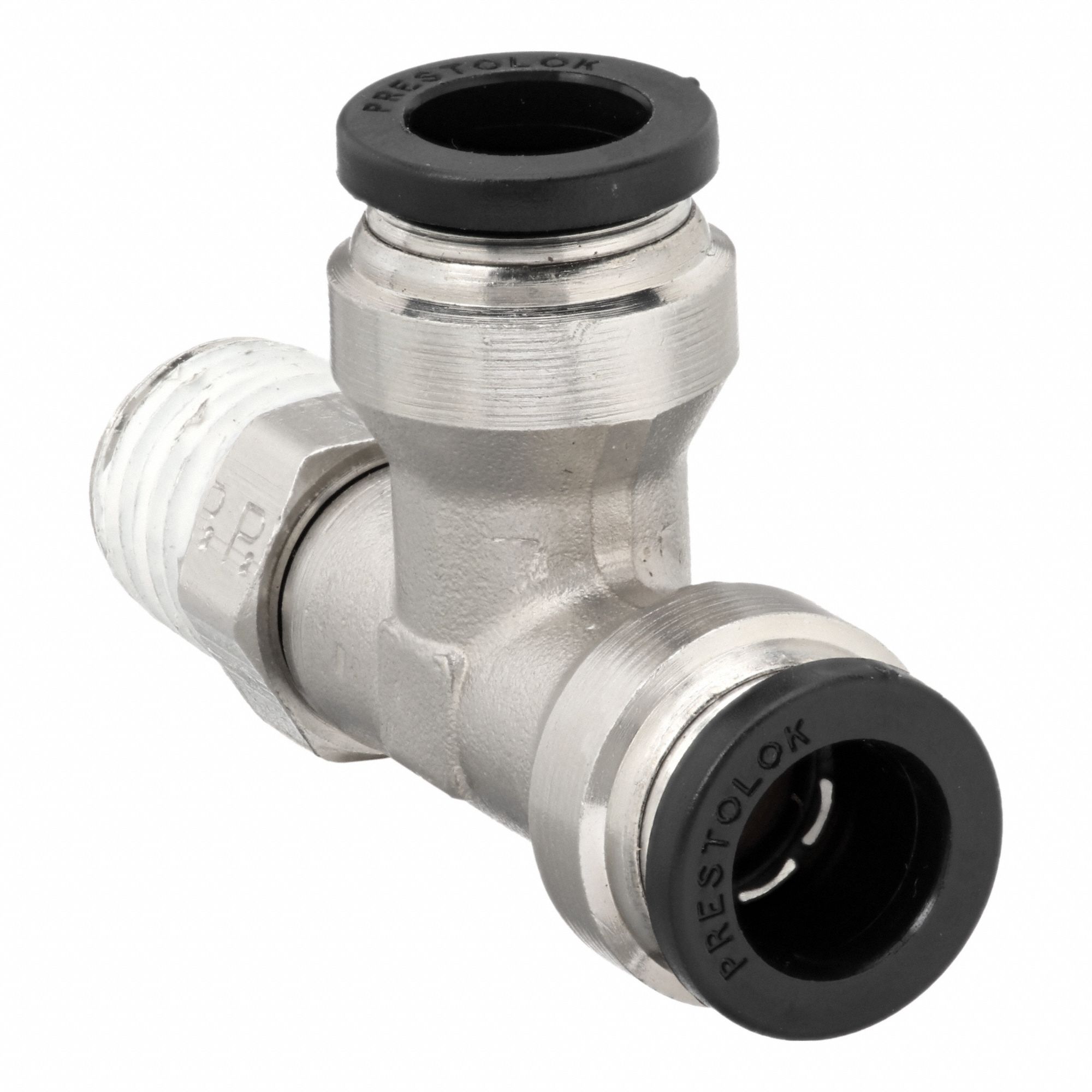 Push-Fit Tee Fitting: 3/8 in Pipe x 1/4 in OD x 1/4 in OD Size, NPTF x Tube x Push-to-Connect