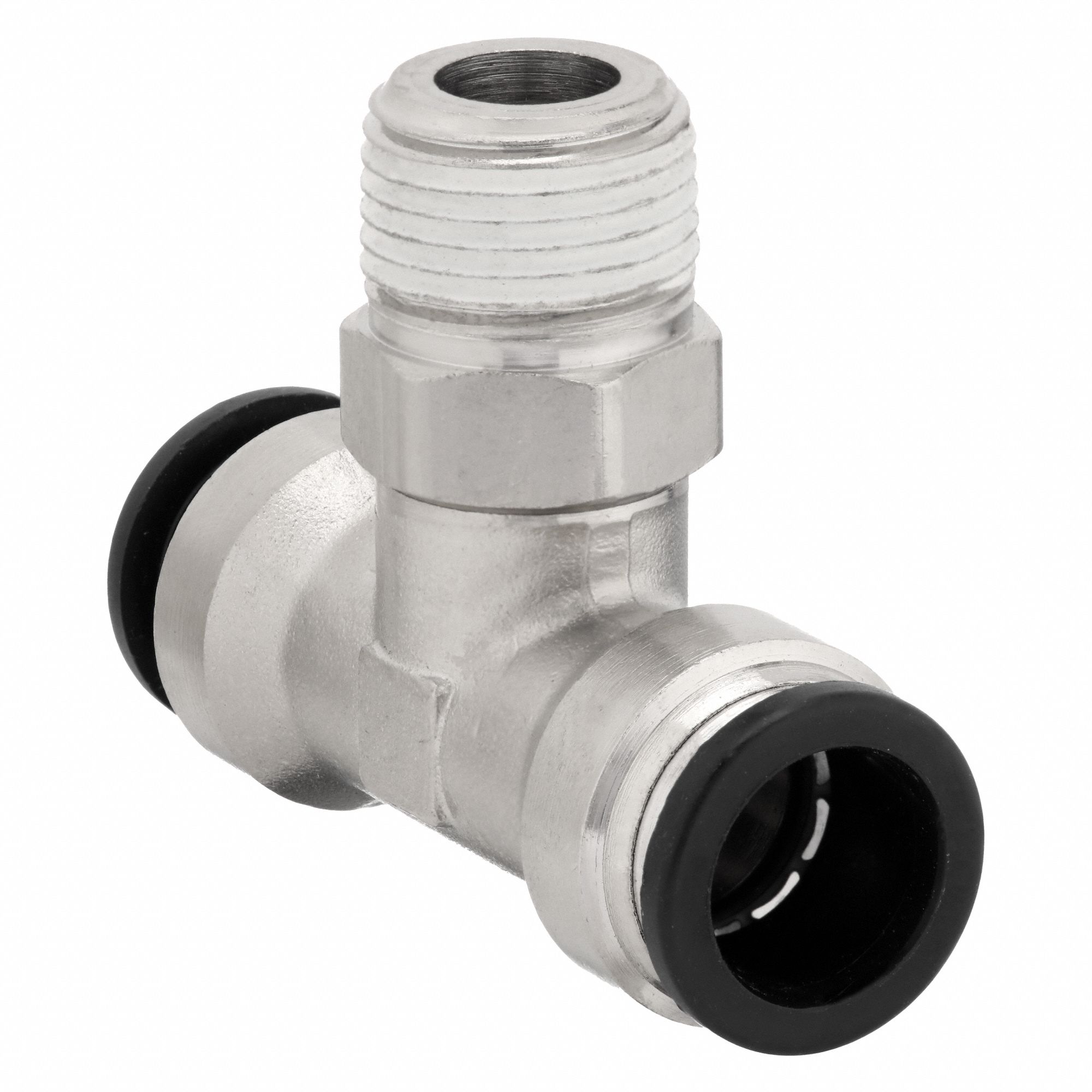 Push-Fit Tee Fitting: 1/2 in Pipe x 3/8 in OD x 3/8 in OD Size, NPTF x Tube x Push-to-Connect