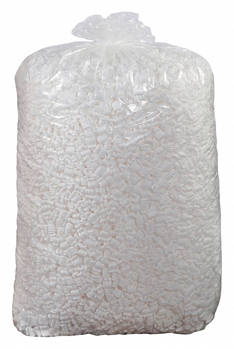 PACKING PEANUTS, 20 CU FT BAG SIZE, WHITE, S-SHAPED, 45 IN BAG HT