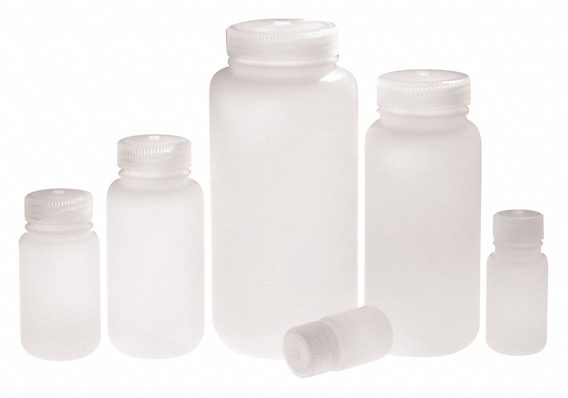 Bottle: 2 oz Labware Capacity - English, HDPE, Includes Closure, Polypropylene, Wide, 72 PK