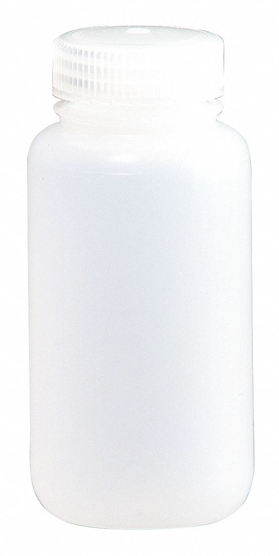 Bottle: 16 oz Labware Capacity - English, HDPE, Includes Closure, Polypropylene, Wide, 48 PK