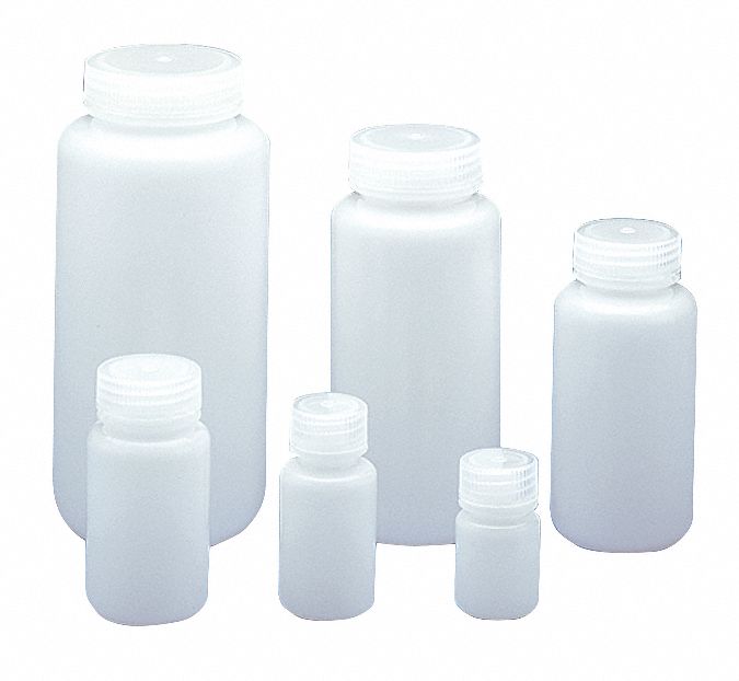 Bottle: 2 oz Labware Capacity - English, HDPE, Includes Closure, Polypropylene, 72 PK