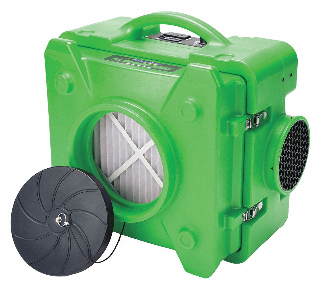 Air Scrubber: Polyethylene, Particulate Filtration, 1, 400 sq ft Max Coverage Area, Front, No Alarm