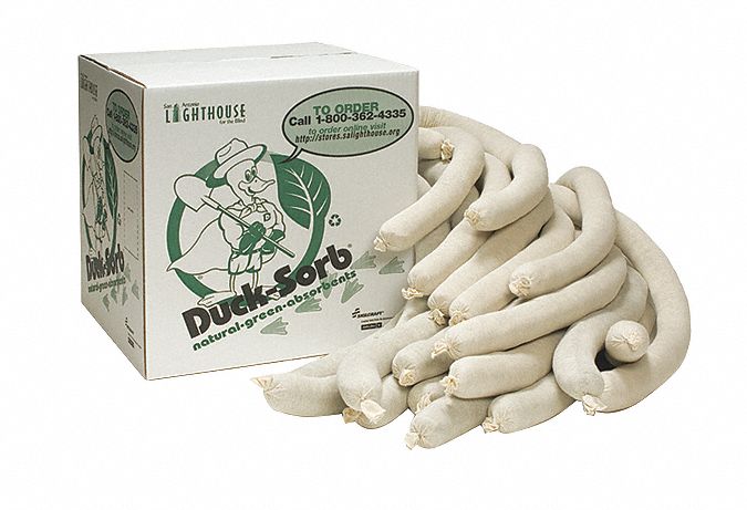 Sorbent Sock: 3 in Dia, 8 ft Lg, 5 gal, No Connector, White