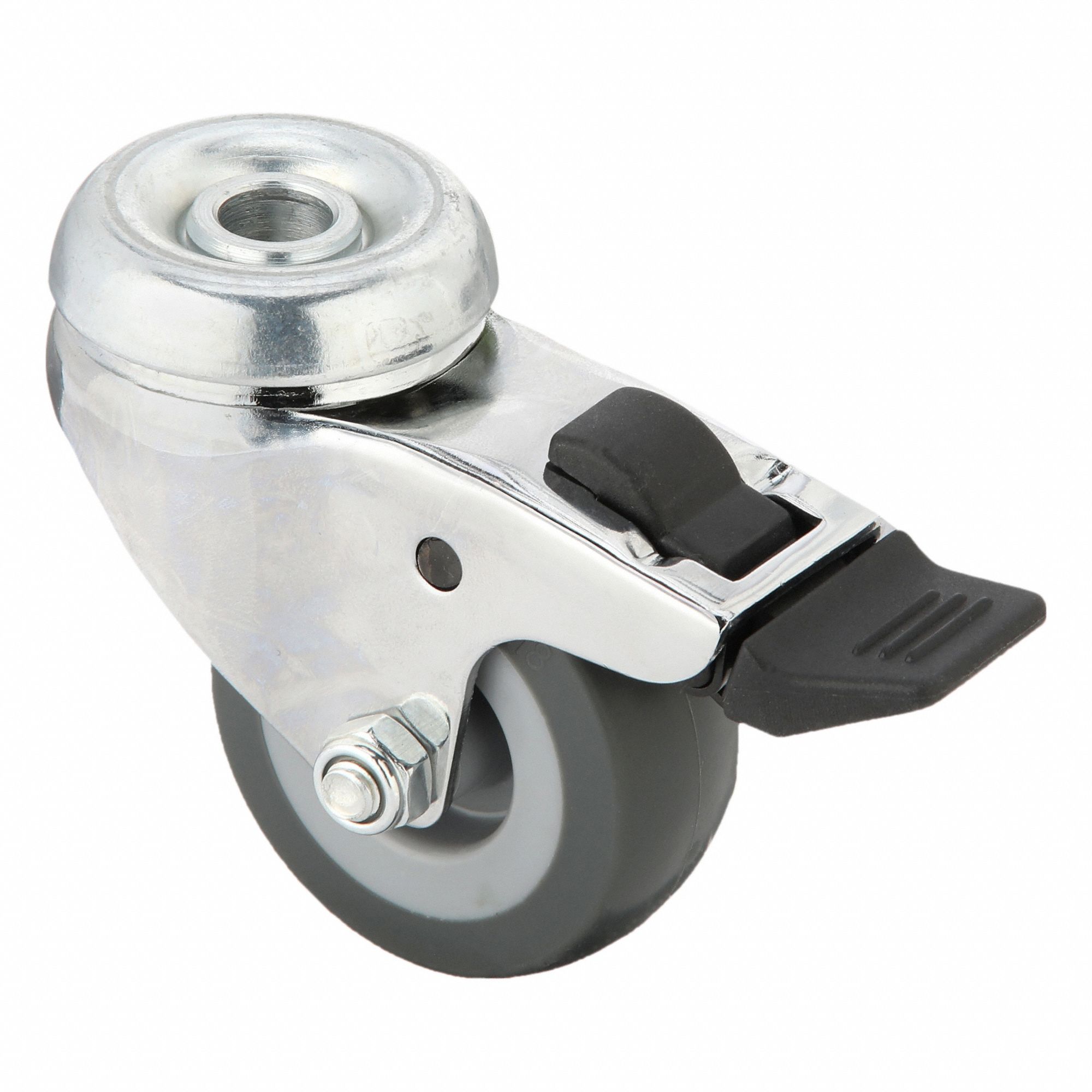 Bolt-Hole Caster: Swivel, Total Lock, Rubber, 2 in Wheel Dia., 3/4 in Wheel Wd, Gray, Inch