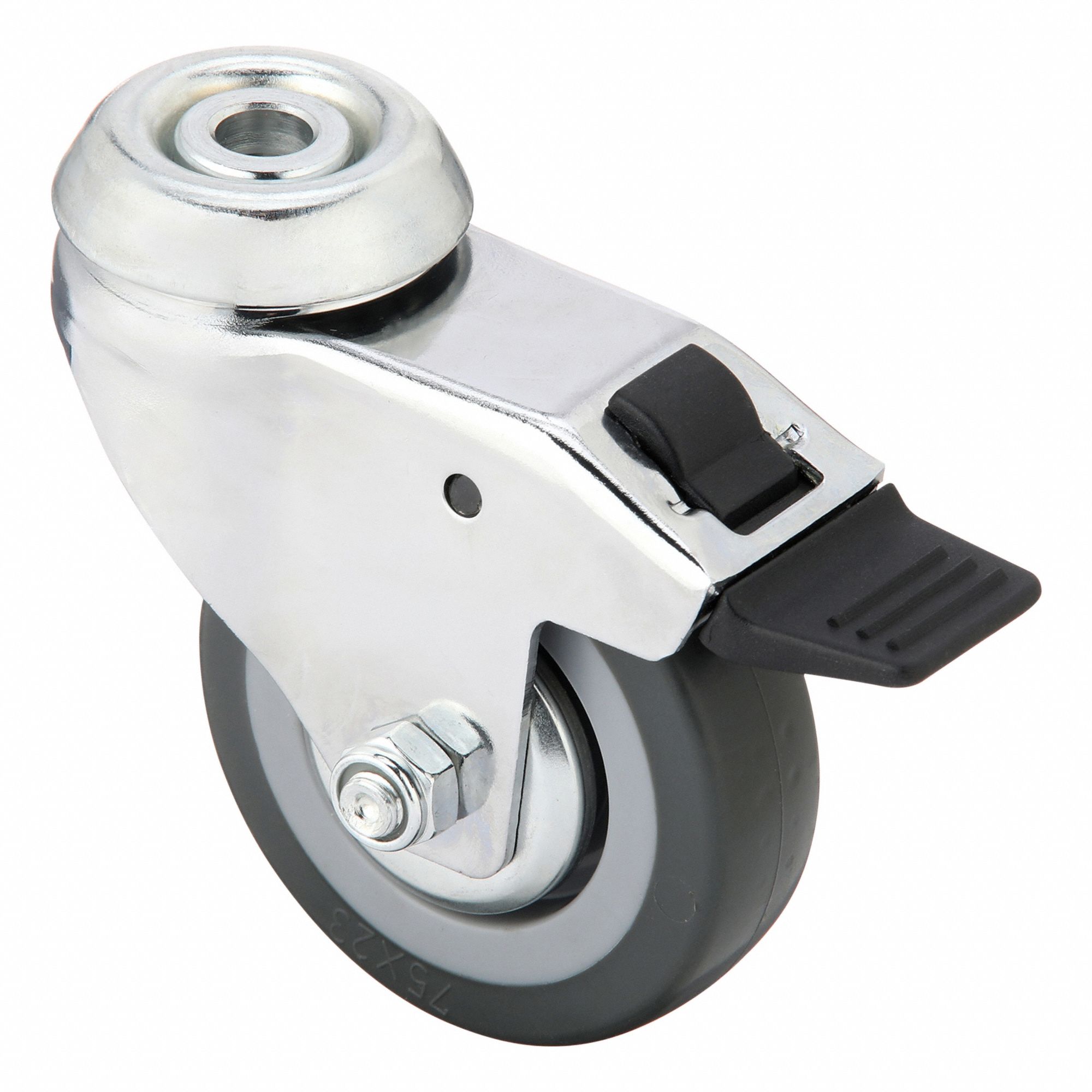Bolt-Hole Caster: Swivel, Total Lock, Rubber, 3 in Wheel Dia., 7/8 in Wheel Wd, Gray, Inch
