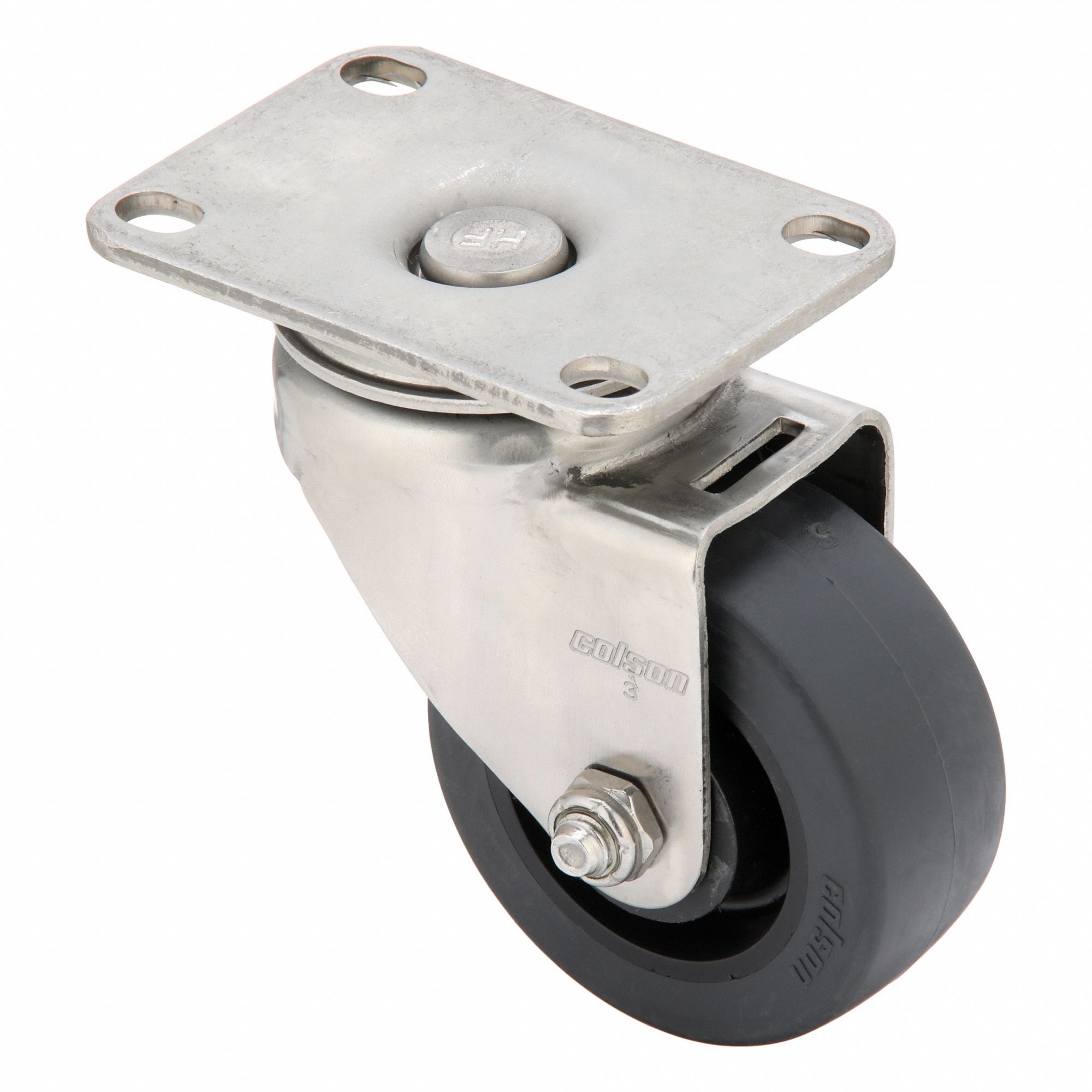 Plate Caster: Corrosion-Resistant, Swivel, Rubber, 3 in Wheel Dia, 1 1/4 in Wheel Wd, Ball