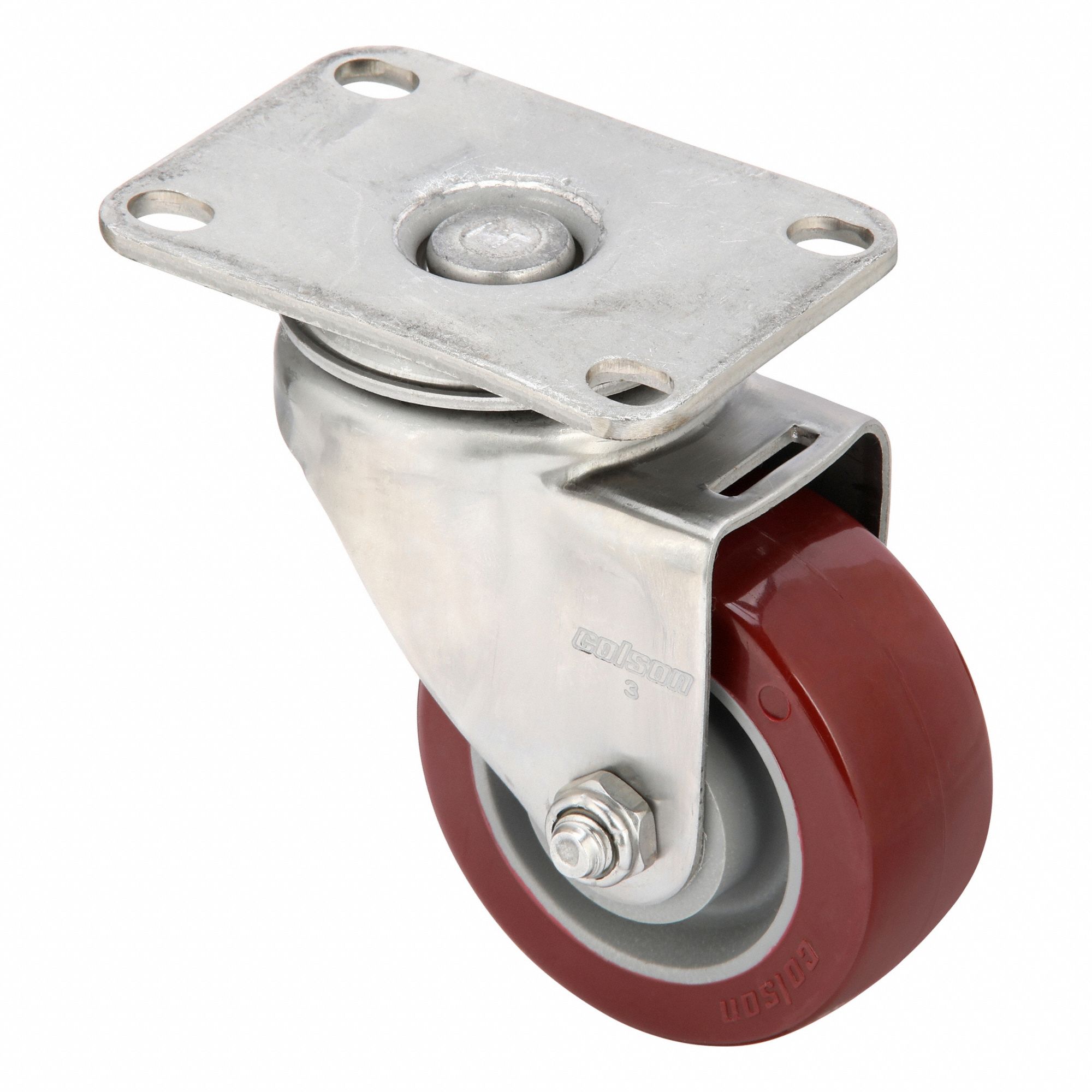 Plate Caster: Corrosion-Resistant, Swivel, Polyurethane, 3 in Wheel Dia, 1 1/4 in Wheel Wd