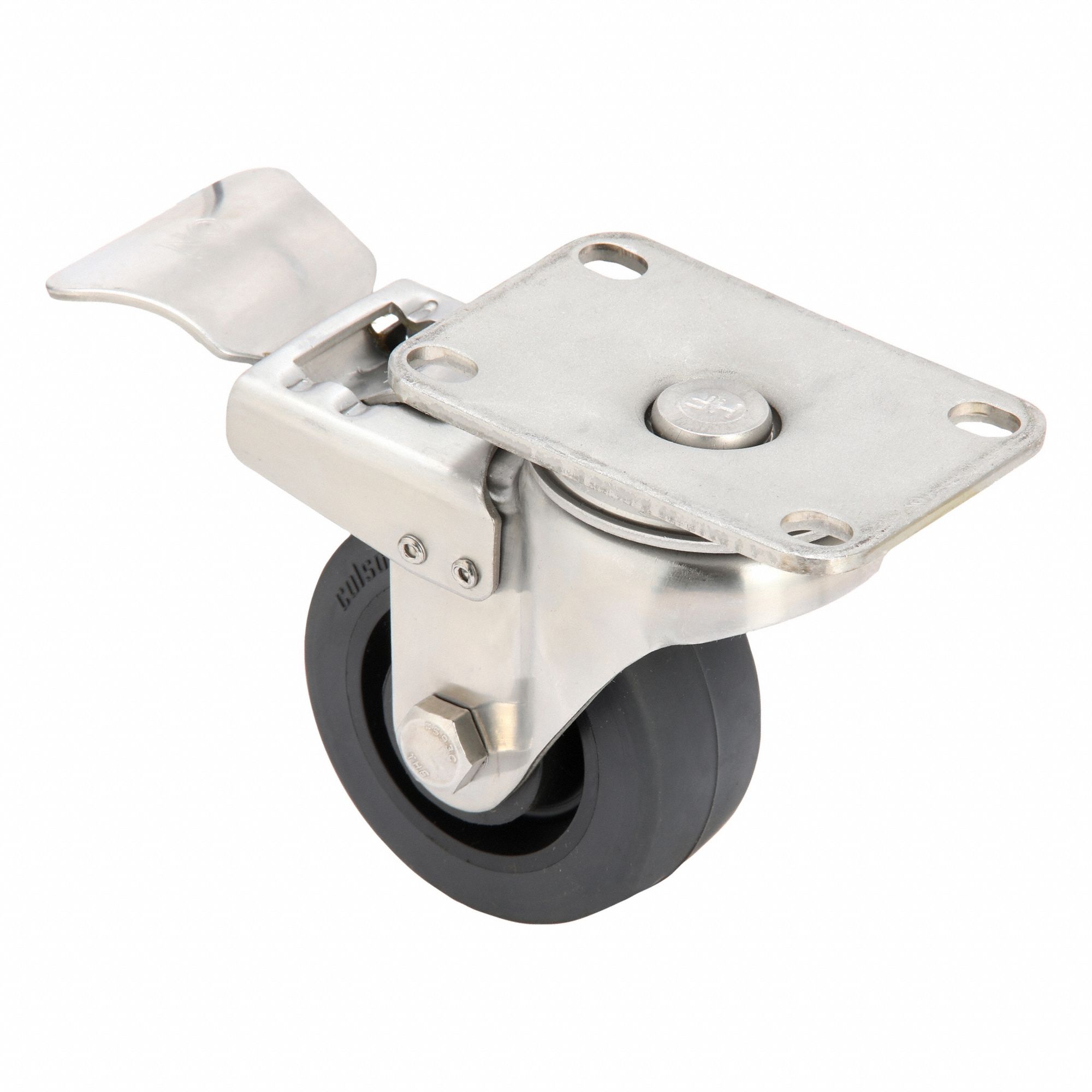 Plate Caster: Corrosion-Resistant, Swivel, Rubber, 3 in Wheel Dia, 1 1/4 in Wheel Wd, Ball